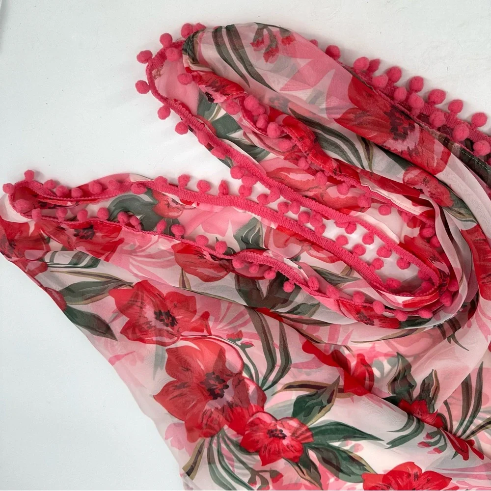 Shore Drive Caftan Swim Cover Pompom Pullover Pink Floral Semisheer Vneck New